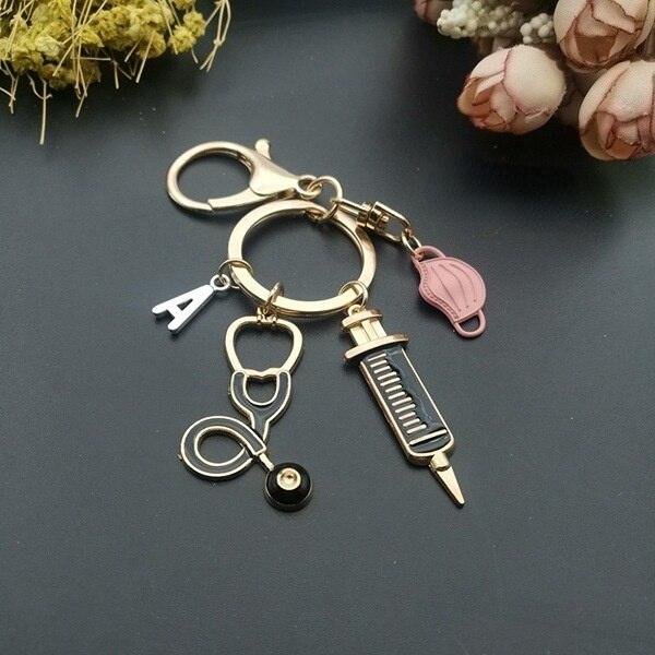 Nurse Doctor Customized letter fashionable Key ring syringe stethoscope love car jewelry key Chain gift - Thumbedtreats