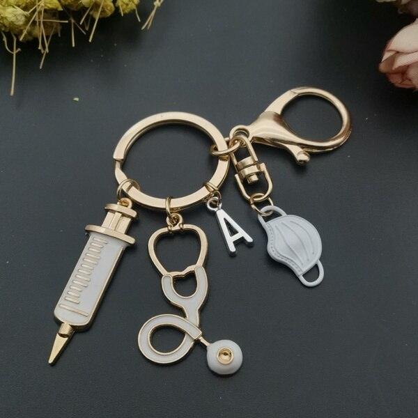 Nurse Doctor Customized letter fashionable Key ring syringe stethoscope love car jewelry key Chain gift - Thumbedtreats