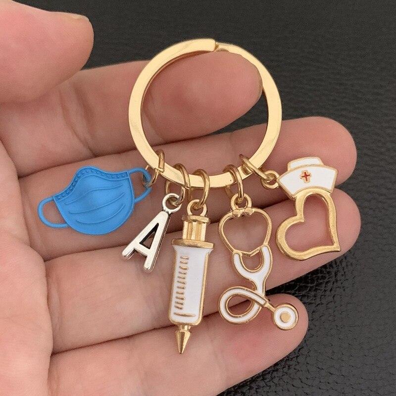 Nurse Doctor Customized letter fashionable Key ring syringe stethoscope love car jewelry key Chain gift - Thumbedtreats