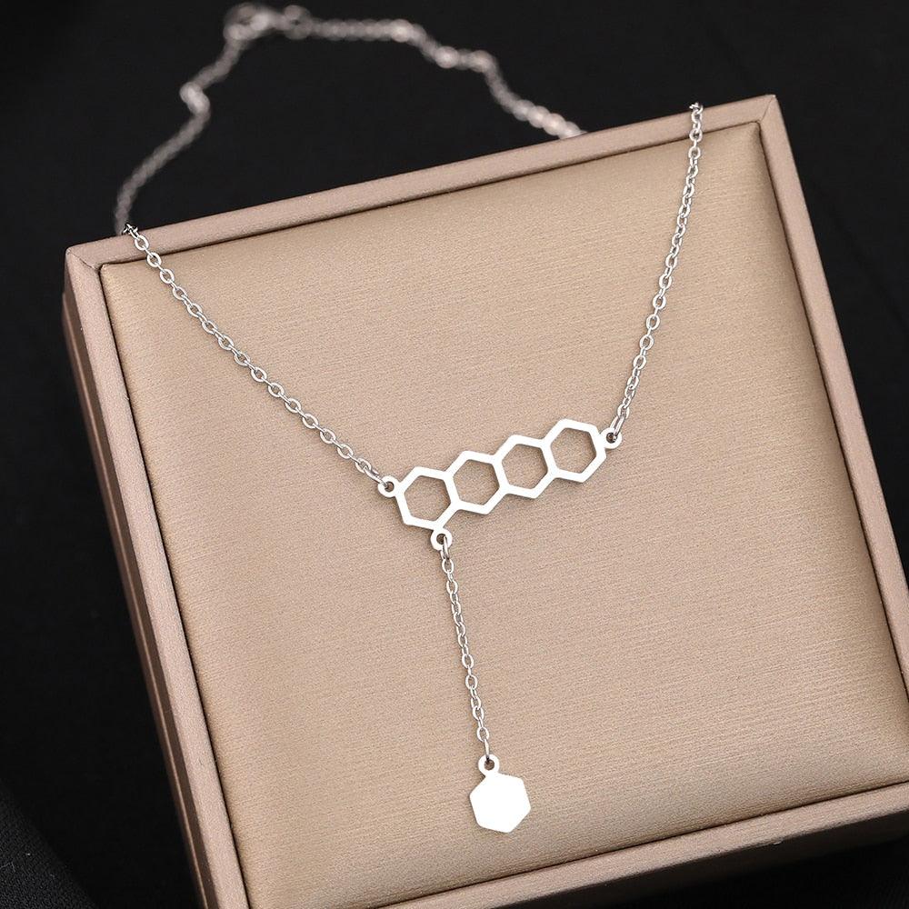 Stainless Steel Necklaces Chemical Molecular Design Tassel Pendant Sweater Chain Creative Choker Necklace For Women Jewelry Gift - Thumbedtreats
