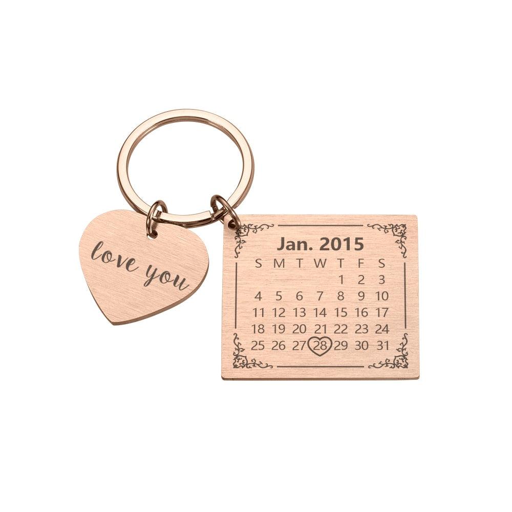 Personalized Custom Key Chain Ring Engraved Calendar Date Stainless Steel Keyring Wedding Anniversary Gift for Boyfriend Husband - Thumbedtreats