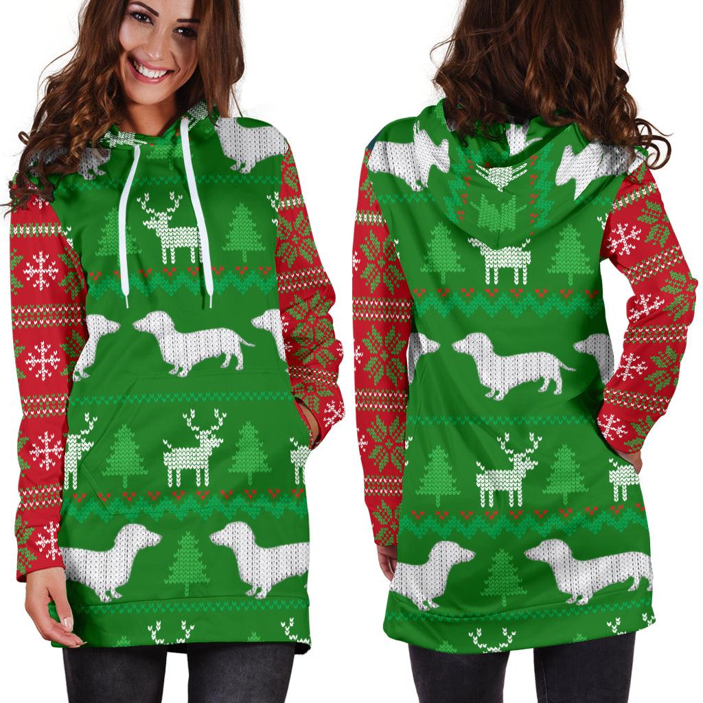 Ugly Christmas Sweater Hoodie Dress With Dachshunds - Thumbedtreats
