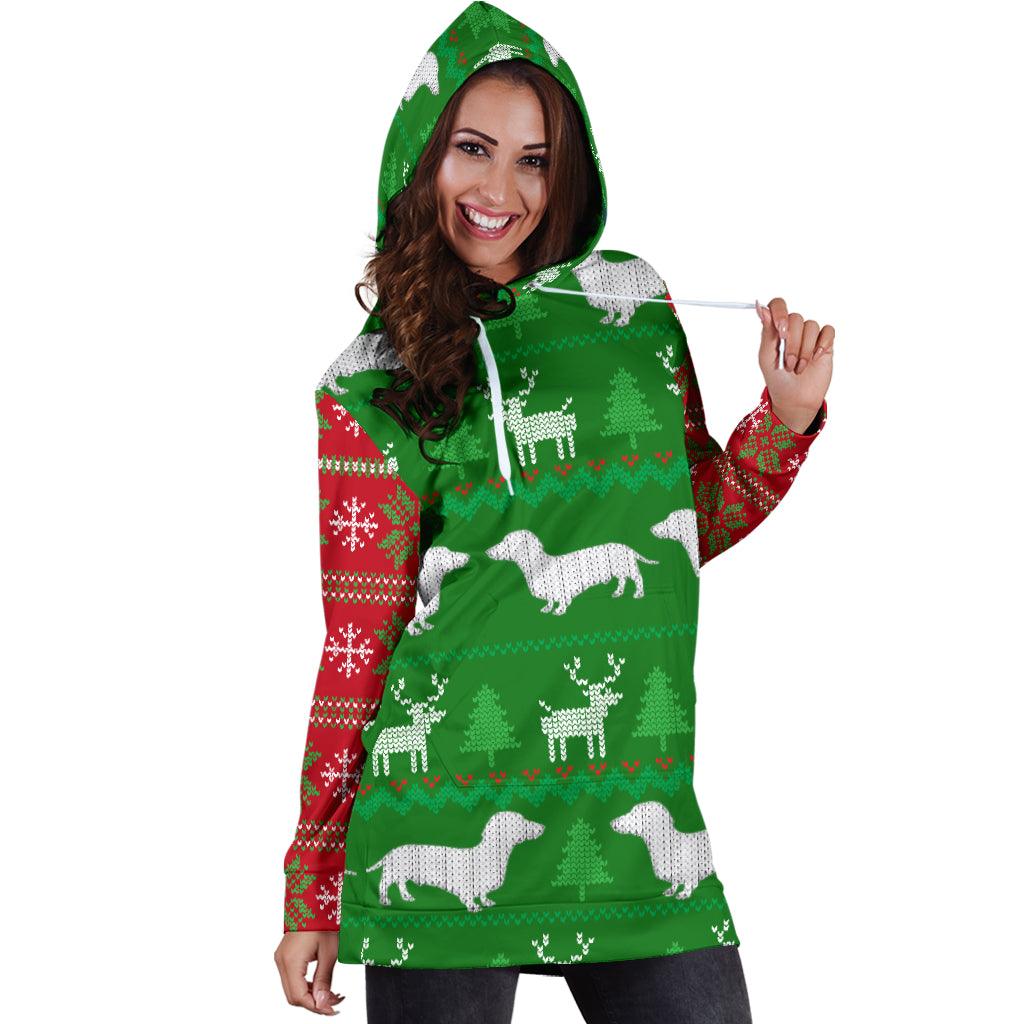 Ugly Christmas Sweater Hoodie Dress With Dachshunds - Thumbedtreats