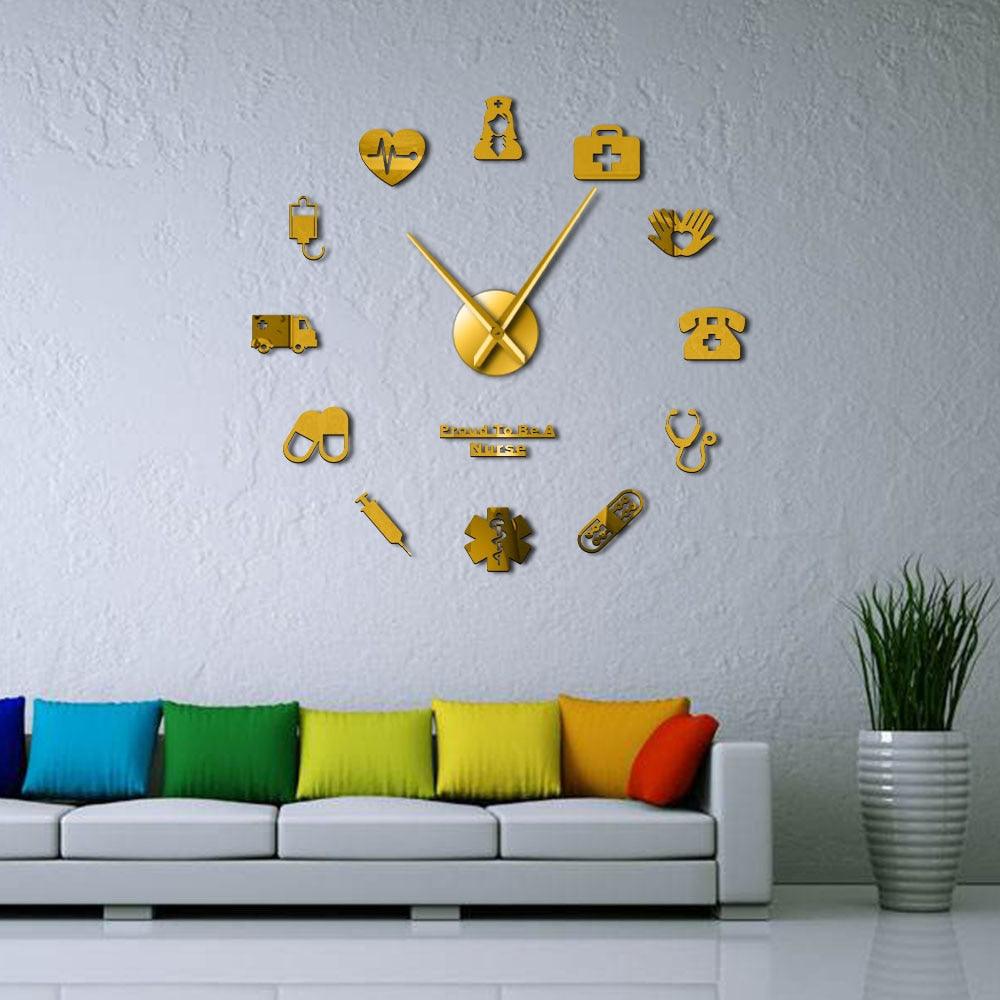 Proud To Be A Nurse 3D DIY Mute Mirror Effect Wall Clock Drugstore Hospital Wall Art Decor Clock Watch Gift For Doctor & Nurse