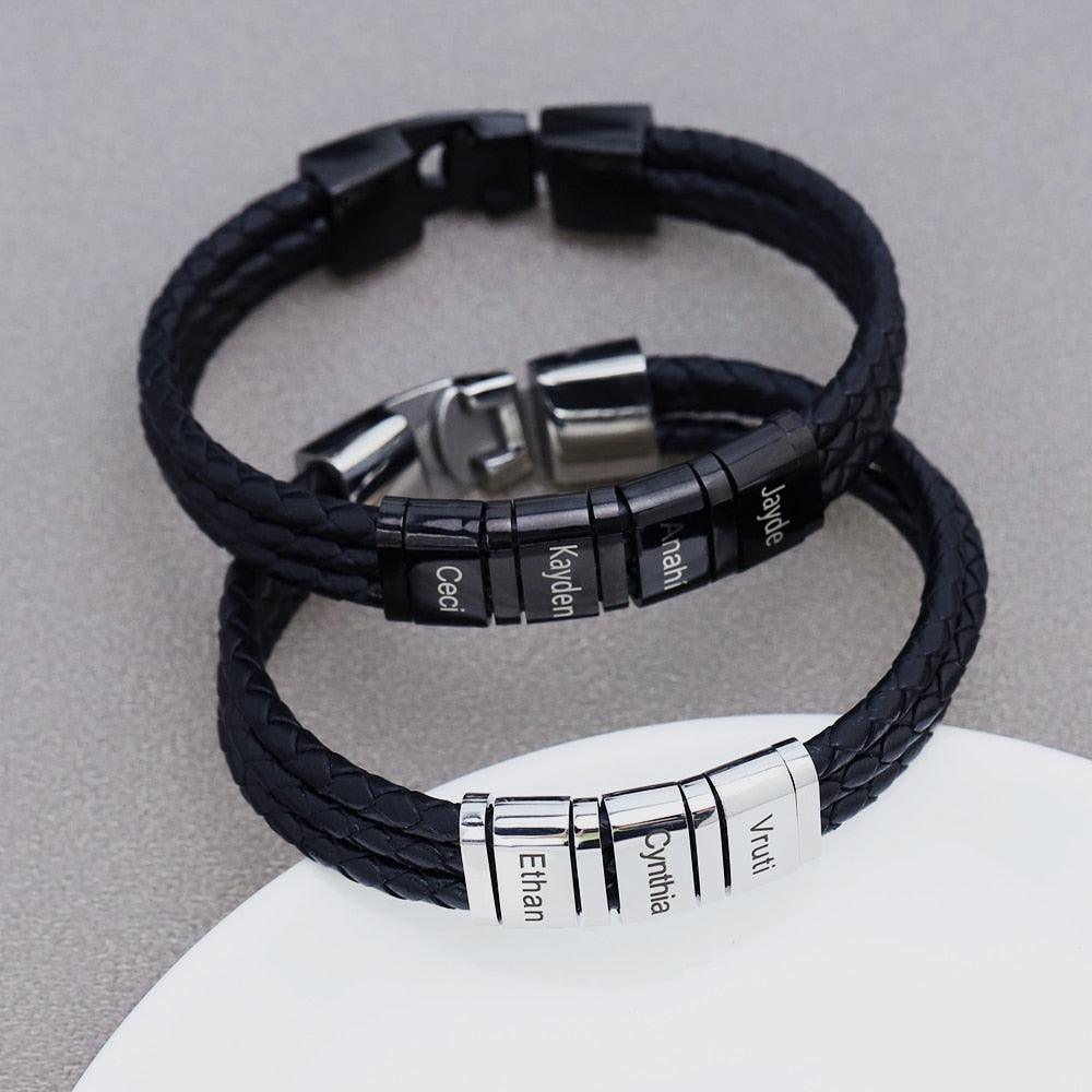 Personalized Men Leather Bracelet Custom Name Beads Bracelet Stainless Steel Men Bracelet Fathers Day Gift - Thumbedtreats