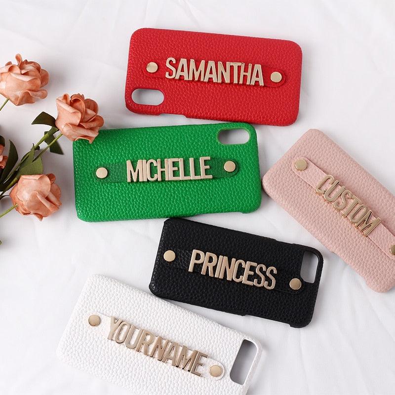 Holding Leather Strap Letter Custom Personalize Name Pebble Leather Phone Case For iPhone14 14ProMax 14Plus 13Promax 13 12 1Luxury Cover - Thumbedtreats