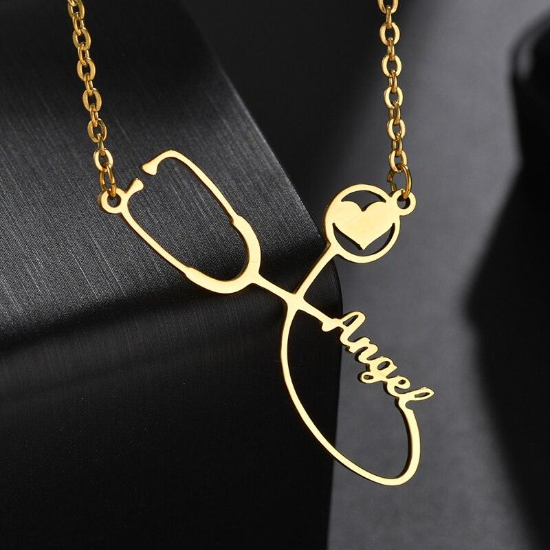 Custom Name Stethoscope Necklace Stainless Steel Pendant Personalized Stethoscope Rhinestone Chains Necklace For Women Jewelry Gift