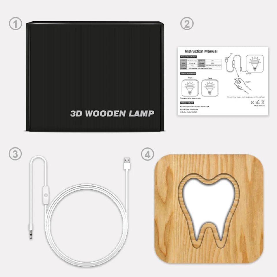 Dentist Tooth Shape Wood 3D Visual Night Light LED Table Lamp Decor