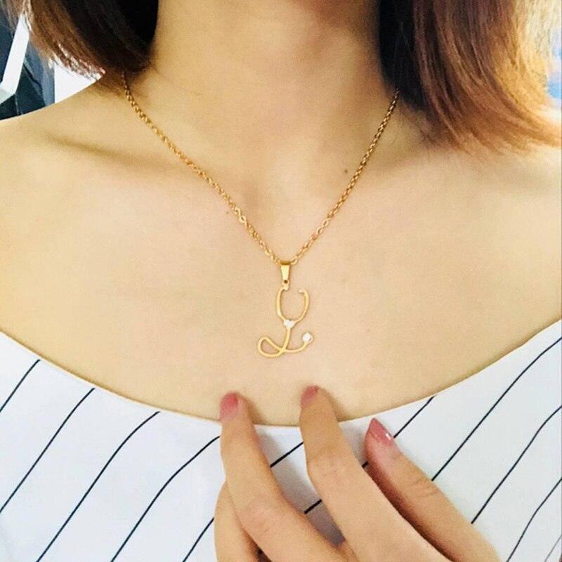 Doctor Nurse Stylish Stethoscope Pendant for Women Necklace Gold Color Stainless Steel AAA CZ Stone Female Jewelry Doctor Nurse Gift