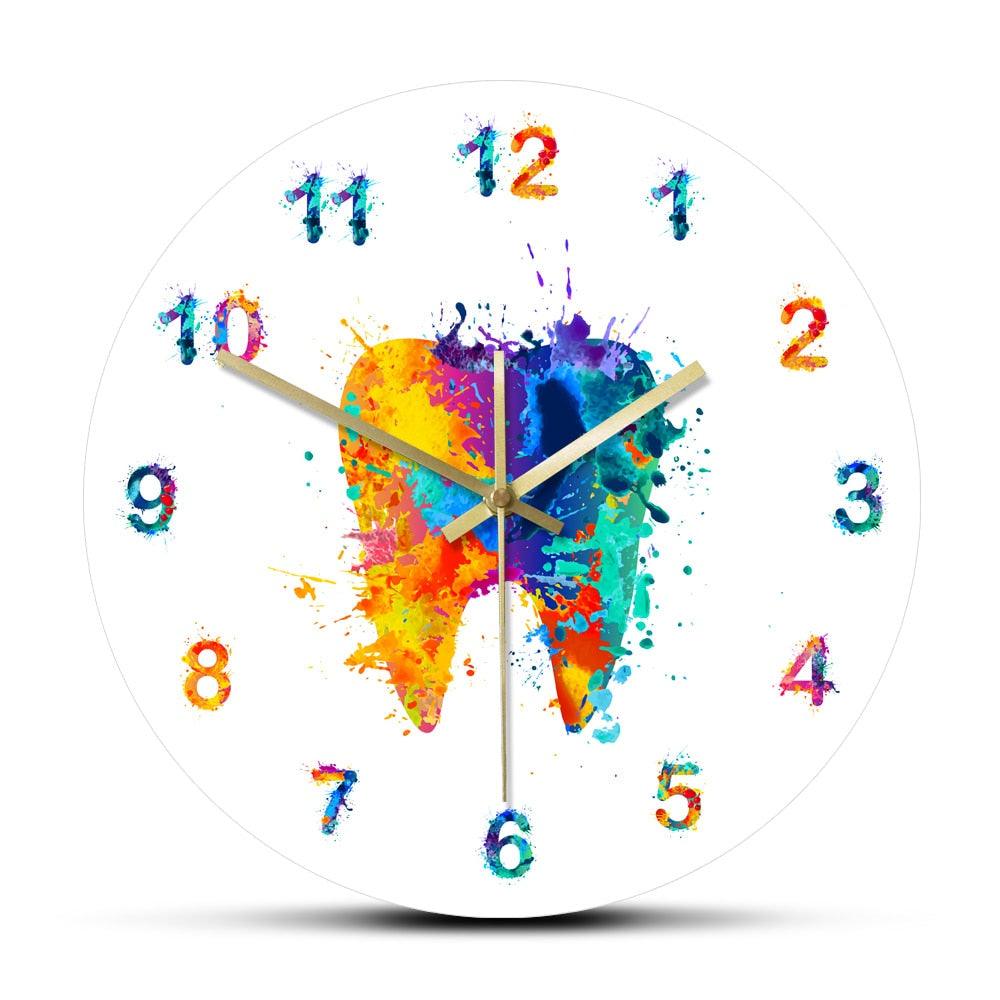 Tooth Watercolour Painting Print Wall Clock Medical Dental Clinic Wall Art Non Ticking Wall Watch Orthodontist Dentist Gift Idea - Thumbedtreats