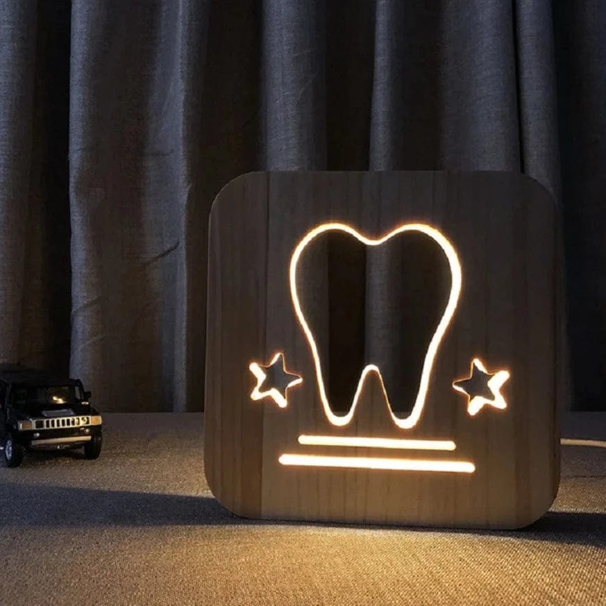 Dentist Tooth Shape Wood 3D Visual Night Light LED Table Lamp Decor