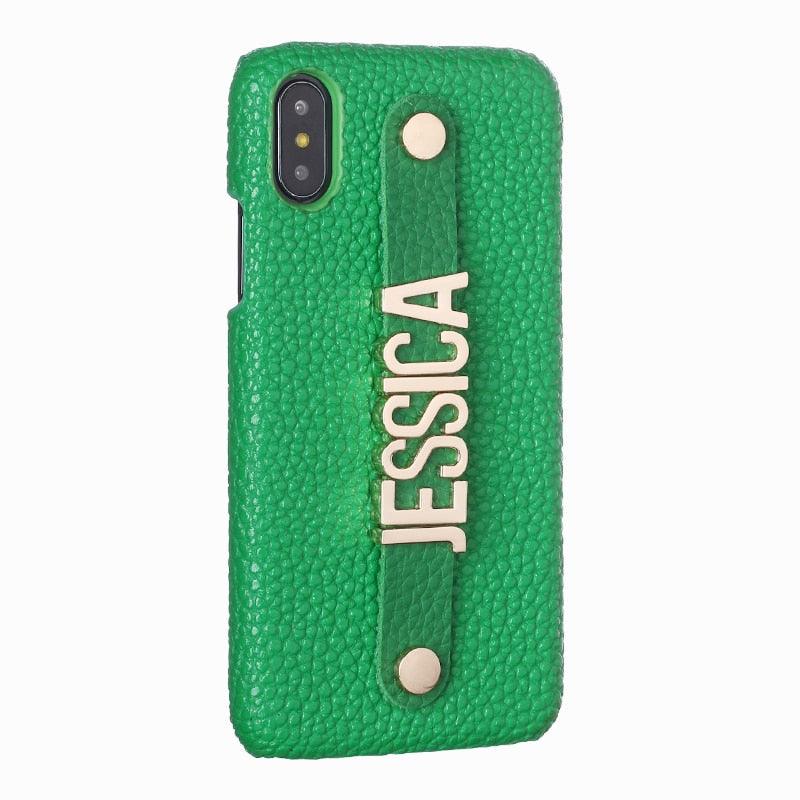 Holding Leather Strap Letter Custom Personalize Name Pebble Leather Phone Case For iPhone14 14ProMax 14Plus 13Promax 13 12 1Luxury Cover