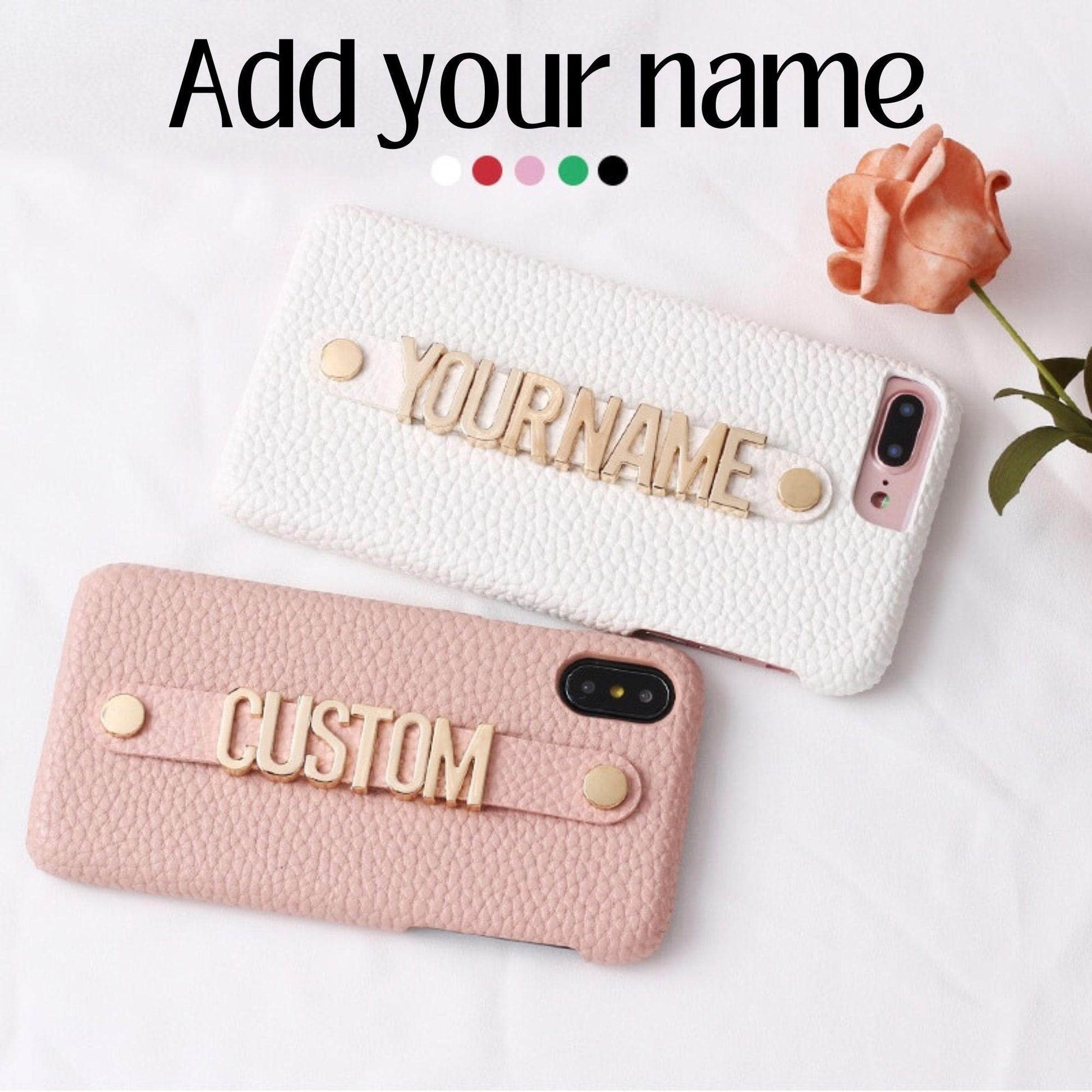 Holding Leather Strap Letter Custom Personalize Name Pebble Leather Phone Case For iPhone14 14ProMax 14Plus 13Promax 13 12 1Luxury Cover