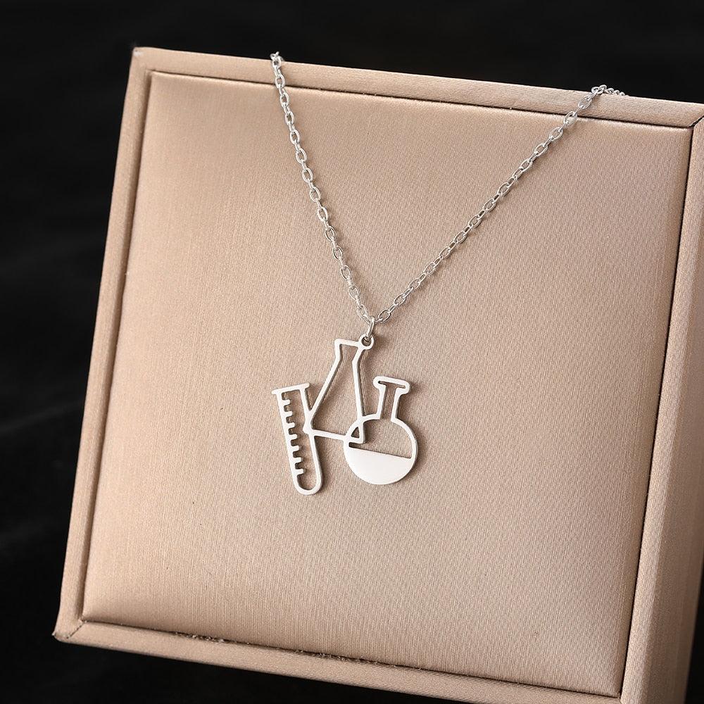 Laboratory Tech Stainless Steel Necklaces New Design Chemical Containers Creative Pendant Collar Chain Unusual Necklace For Women Jewelry Gifts - Thumbedtreats