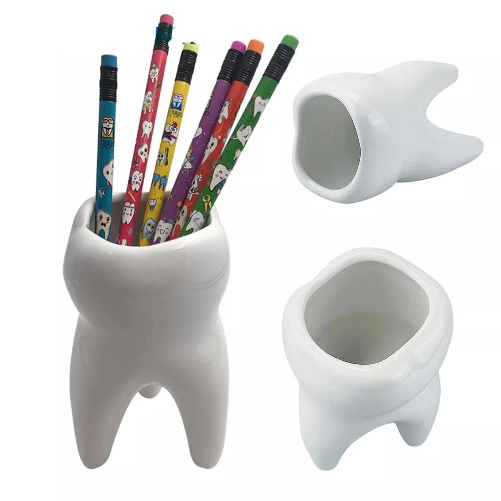 Add a touch of charm and practicality to your desk with this ceramic pen holder. Its unique design, shaped like a tooth, makes it a fun addition to any office. Use it as a cute flower vase or a creative planter for your favorite succulents. This versatile piece also makes for a great gift for any dentist or lover of dentistry.  Keep your desk organized in style with this Dental Tooth Shape Flower Vase Home Decor Pot.   