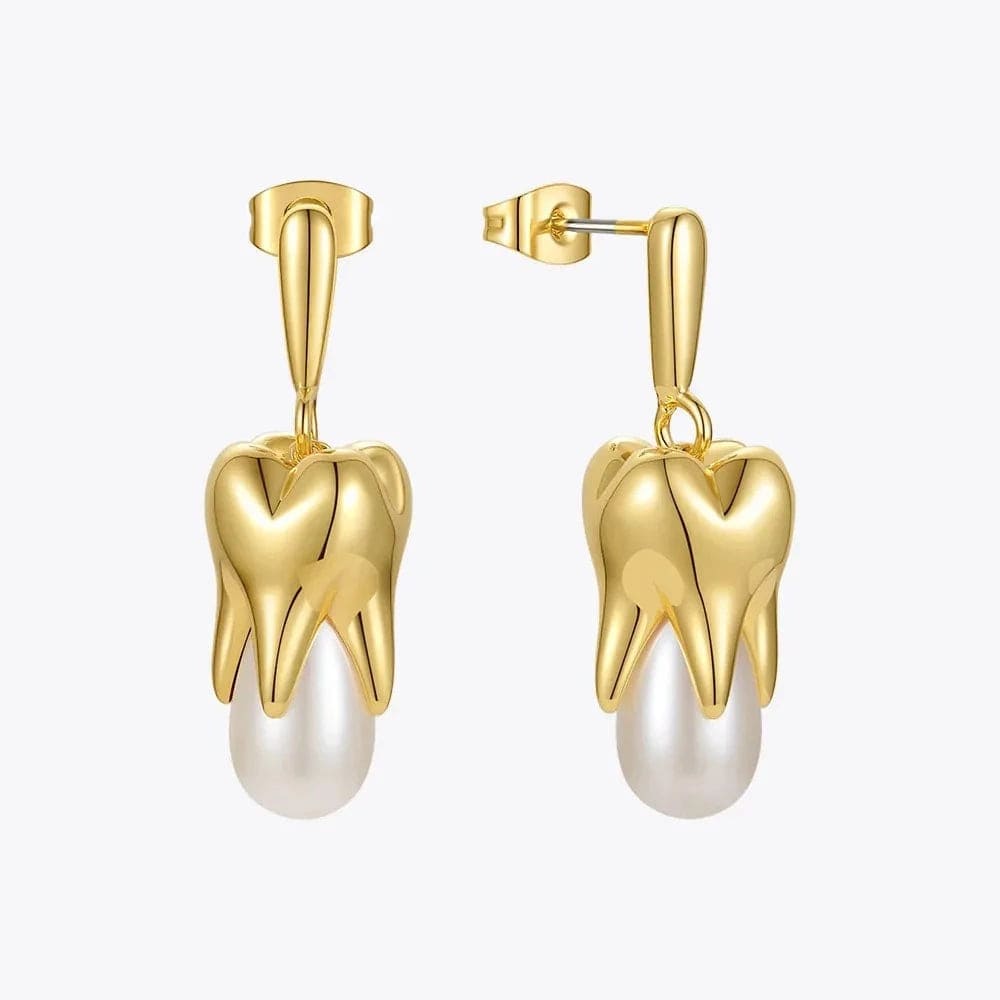 The perfect combination of metal and elegance, these copper earrings boast a unique tooth shape with a pearl drop. Trendy and classic, these earrings are sure to make a fashionable statement. Available in gold or silver color options, these dangle earrings feature a copper or imitation pearl back.  With a size of 11mm (W) by 32mm (H) and a weight of about 6.8g per piece, these earrings are perfect for any female fashionista.
