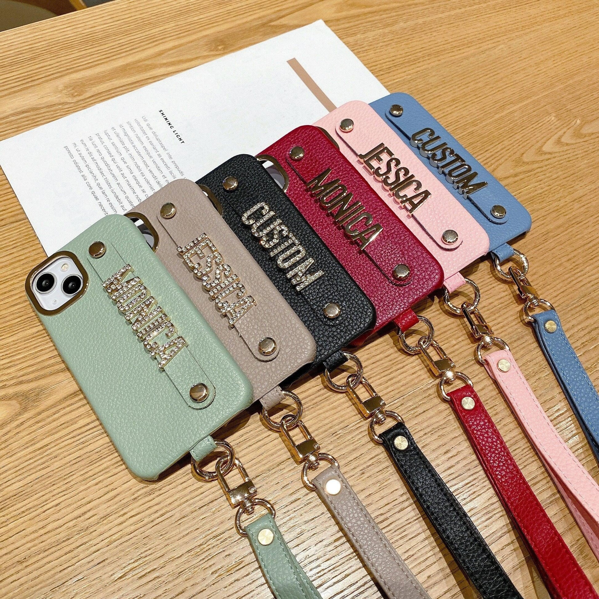 Personalise Name Strap PU Leather Phone Case For iPhone 11 12 13 14 Pro Max Plus Lanyard Diamond Metal Letter Monogram Cover - Thumbedtreats