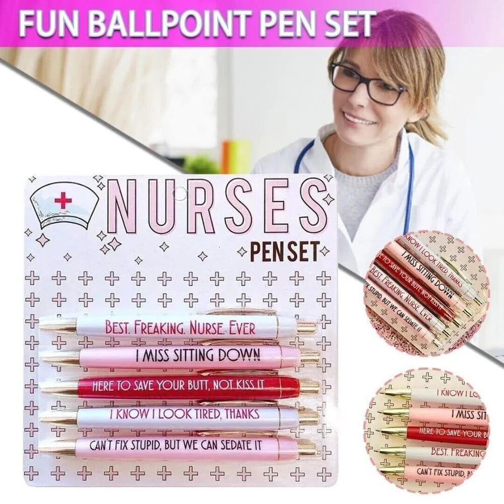 This pen set, Model Number: Funny Nurses Pens Set, is a novelty that is perfect for office and school use. It includes five pens with hilarious quotes that only a true nurse would appreciate. This thoughtful and practical gift is the perfect way to show your gratitude and appreciation for the hardworking nurses in your life. Each pen measures 14x1cm and the entire set weighs 89g.