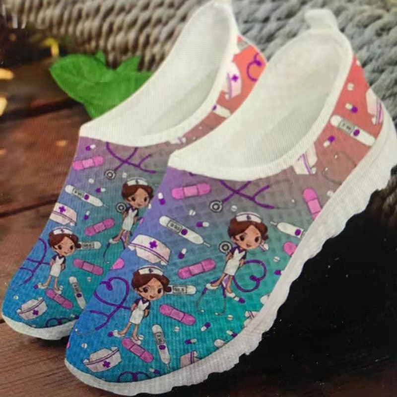 Nurse Doctor Print Women Sneakers Slip on Light Mesh Casual Shoes Summer Breathable Flats - Thumbedtreats