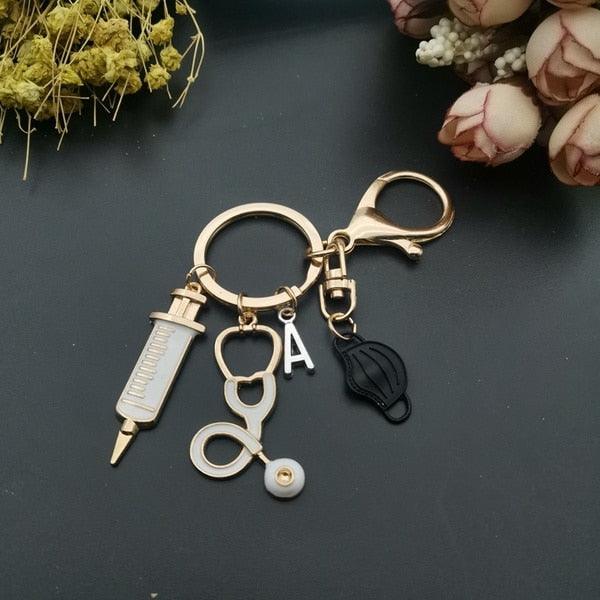 Nurse Doctor Customized letter fashionable Key ring syringe stethoscope love car jewelry key Chain gift - Thumbedtreats