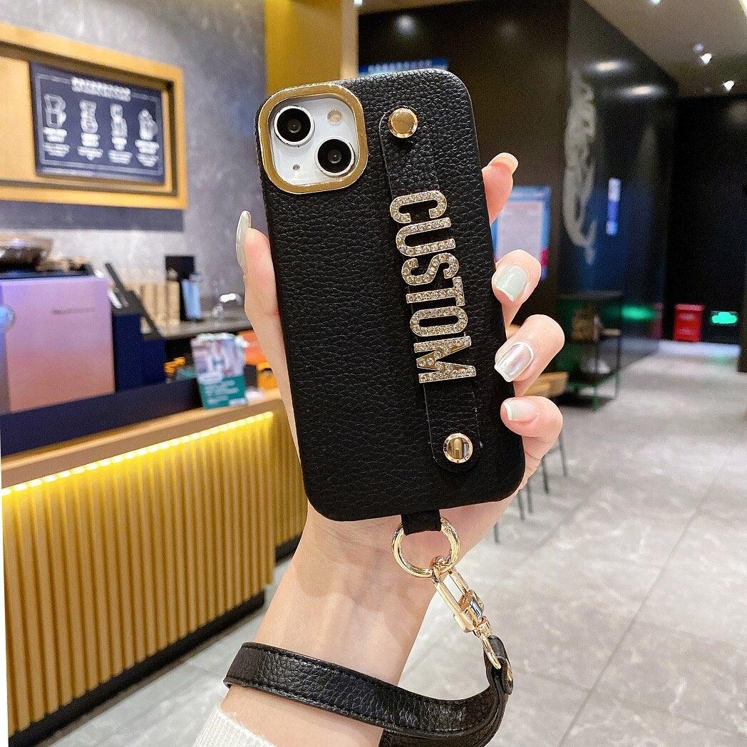 Personalise Name Strap PU Leather Phone Case For iPhone 11 12 13 14 Pro Max Plus Lanyard Diamond Metal Letter Monogram Cover - Thumbedtreats