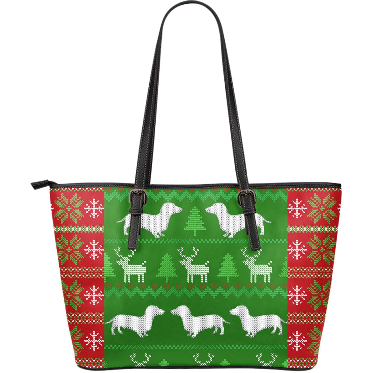 Ugly Christmas Sweater Large Leather Tote Bag With Dachshunds