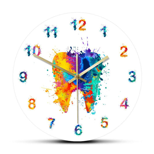 Tooth Watercolour Painting Print Wall Clock Medical Dental Clinic Wall Art Non Ticking Wall Watch Orthodontist Dentist Gift Idea