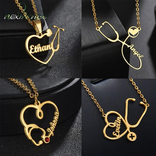 Custom Name Stethoscope Necklace Stainless Steel Pendant Personalized Stethoscope Rhinestone Chains Necklace For Women Jewelry Gift