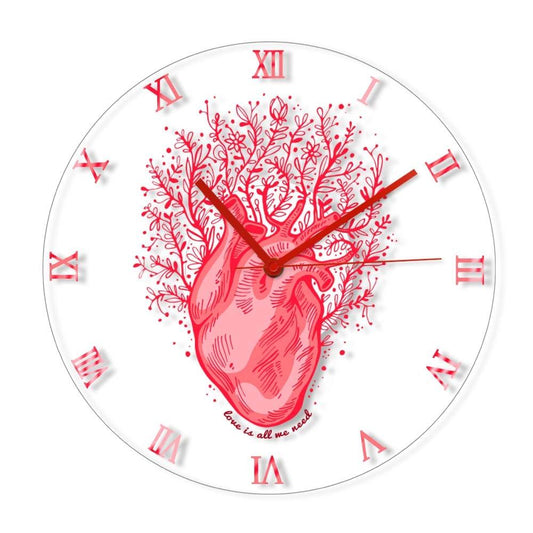 Our Vinyl Clock's "Flowers Heart" modern design wall clock - a unique  and stylish addition to any living room. The clock is a colorful and abstract  anatomical heart design, perfect for those in the medical field or  with an interest in organ artwork.