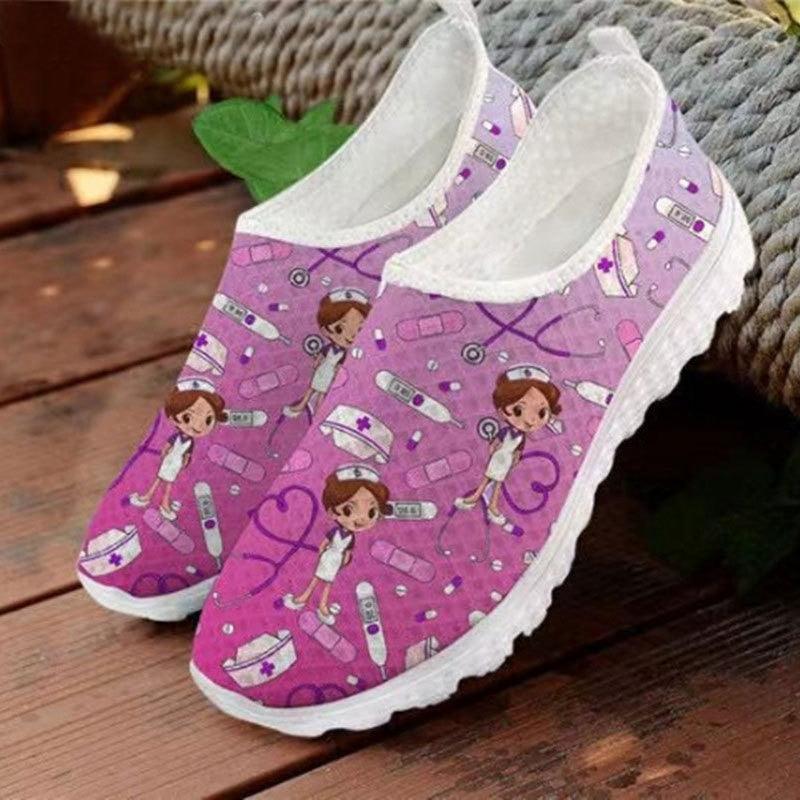 Nurse Doctor Print Women Sneakers Slip on Light Mesh Casual Shoes Summer Breathable Flats