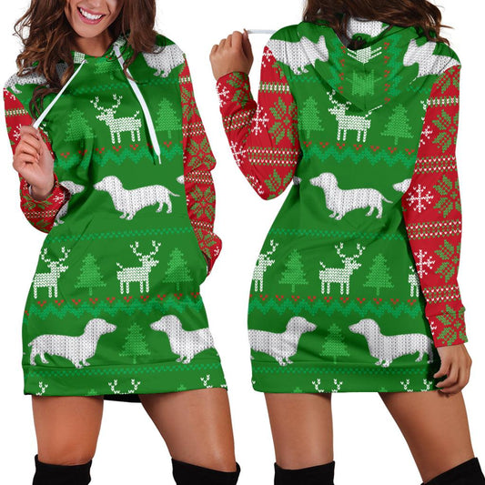 Ugly Christmas Sweater Hoodie Dress With Dachshunds